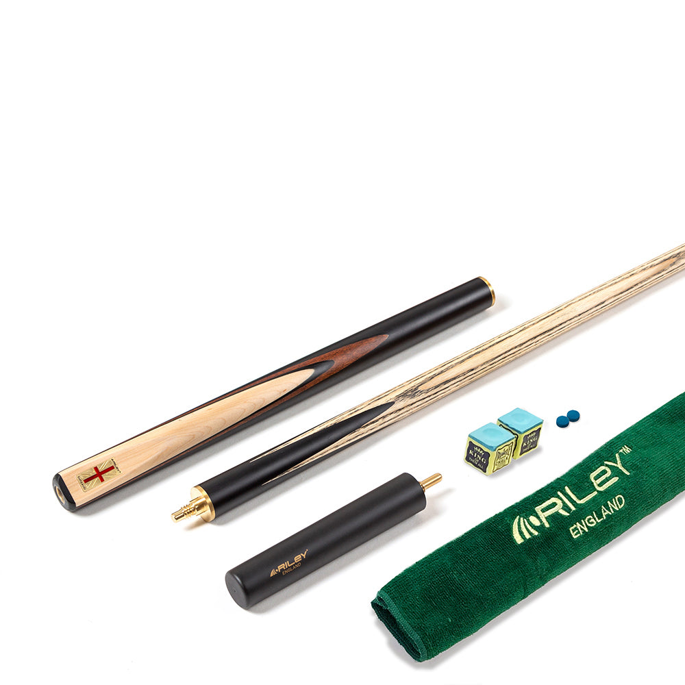 Riley England 3 Piece Snooker Cue and Hard Case 3/4 Cut- Layered Ebonised Black Wood Butt with 9.5mm Tip - 145cm - Black/ Maple Wood