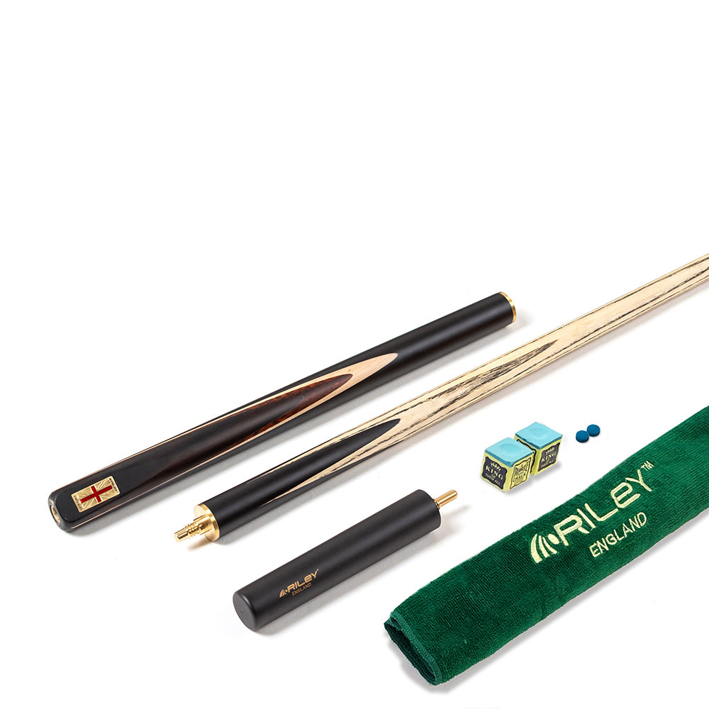 Riley England 3 Piece English Pool Cue 3/4 Cut - 9mm Tip - 145cm - Black/ Snake Wood/ Ash - with Deluxe Hard Case
