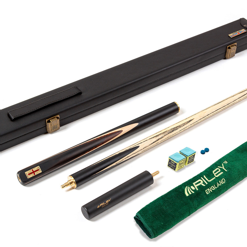 Riley England 3 Piece English Pool Cue - 3/4 Cut Cue - 9mm Tip - 145cm - Black/ Snake Wood/ Ash
