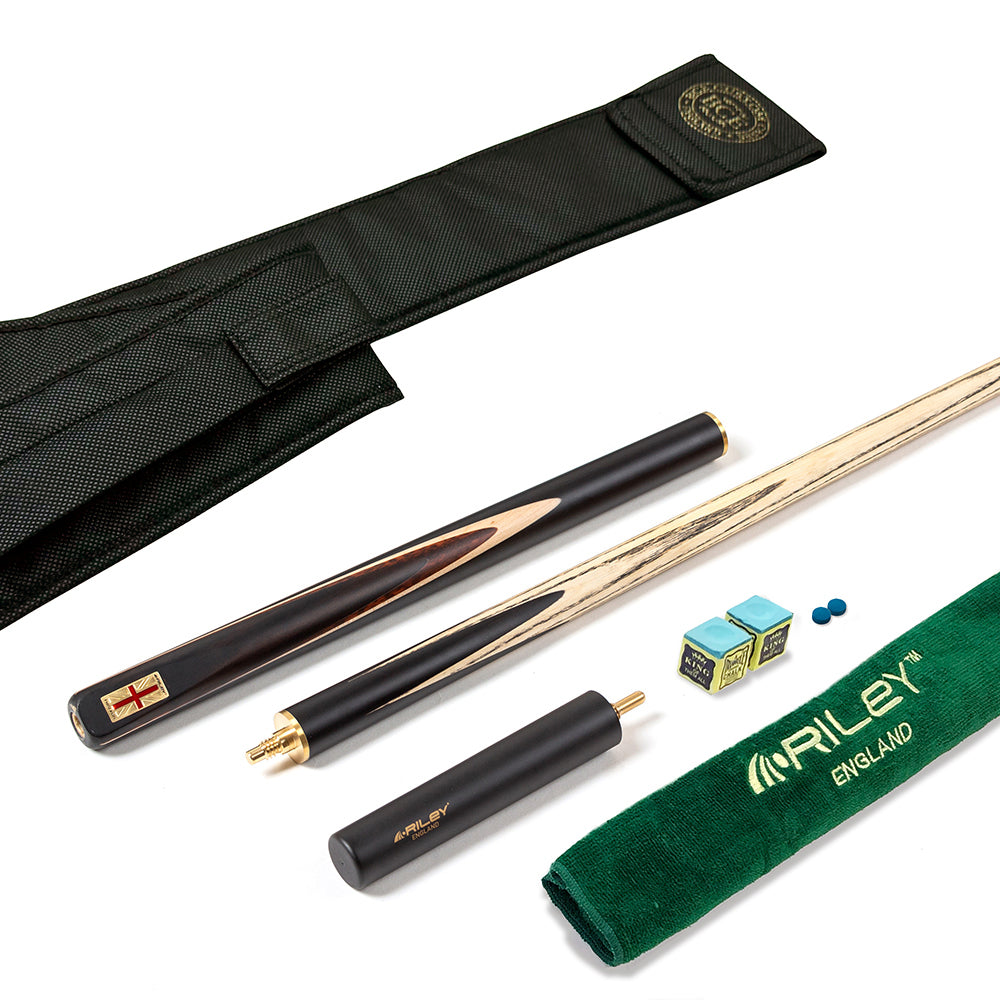 Riley England 3 Piece English Pool Cue 3/4 Cut - 9mm Tip - 145cm - Black/ Snake Wood/ Ash - with Deluxe Hard Case