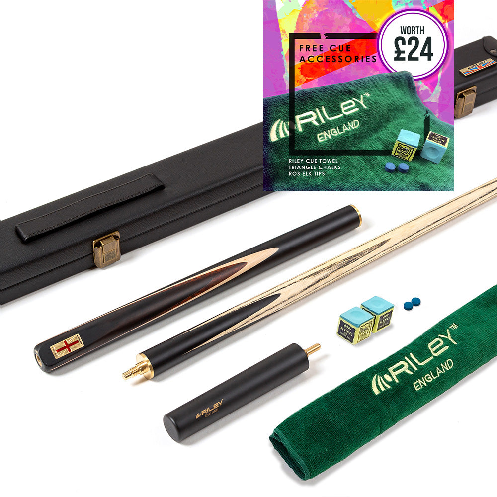 Riley England 3 Piece English Pool Cue 3/4 Cut - 9mm Tip - 145cm - Black/ Snake Wood/ Ash - with Deluxe Hard Case