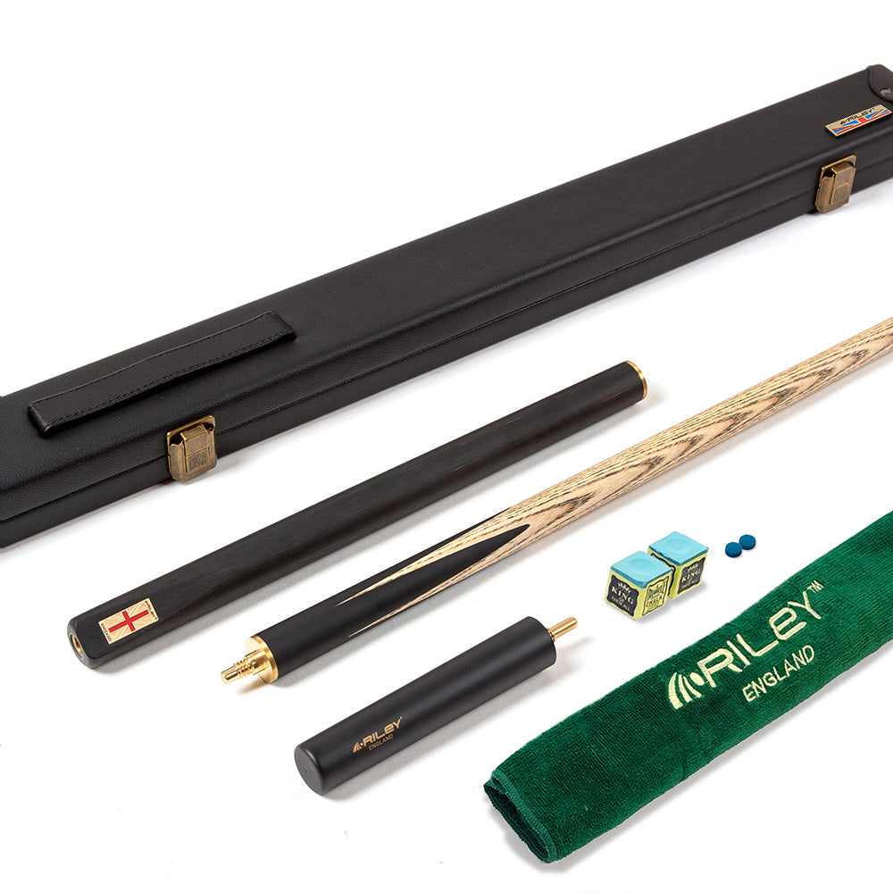 Riley England 3 Piece English Pool Cue 3/4 Cut - 9mm Tip - 145cm - Black/Ash - with Deluxe Hard Case