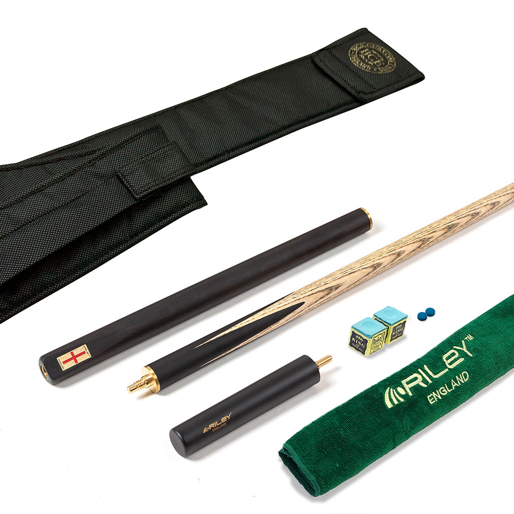 Riley England 3 Piece English Pool Cue 3/4 Cut - 9mm Tip - 145cm - Black/Ash - with Deluxe Hard Case