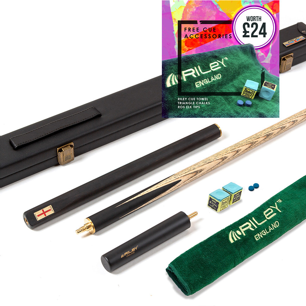 Riley England 3 Piece English Pool Cue 3/4 Cut - 9mm Tip - 145cm - Black/Ash - with Deluxe Hard Case