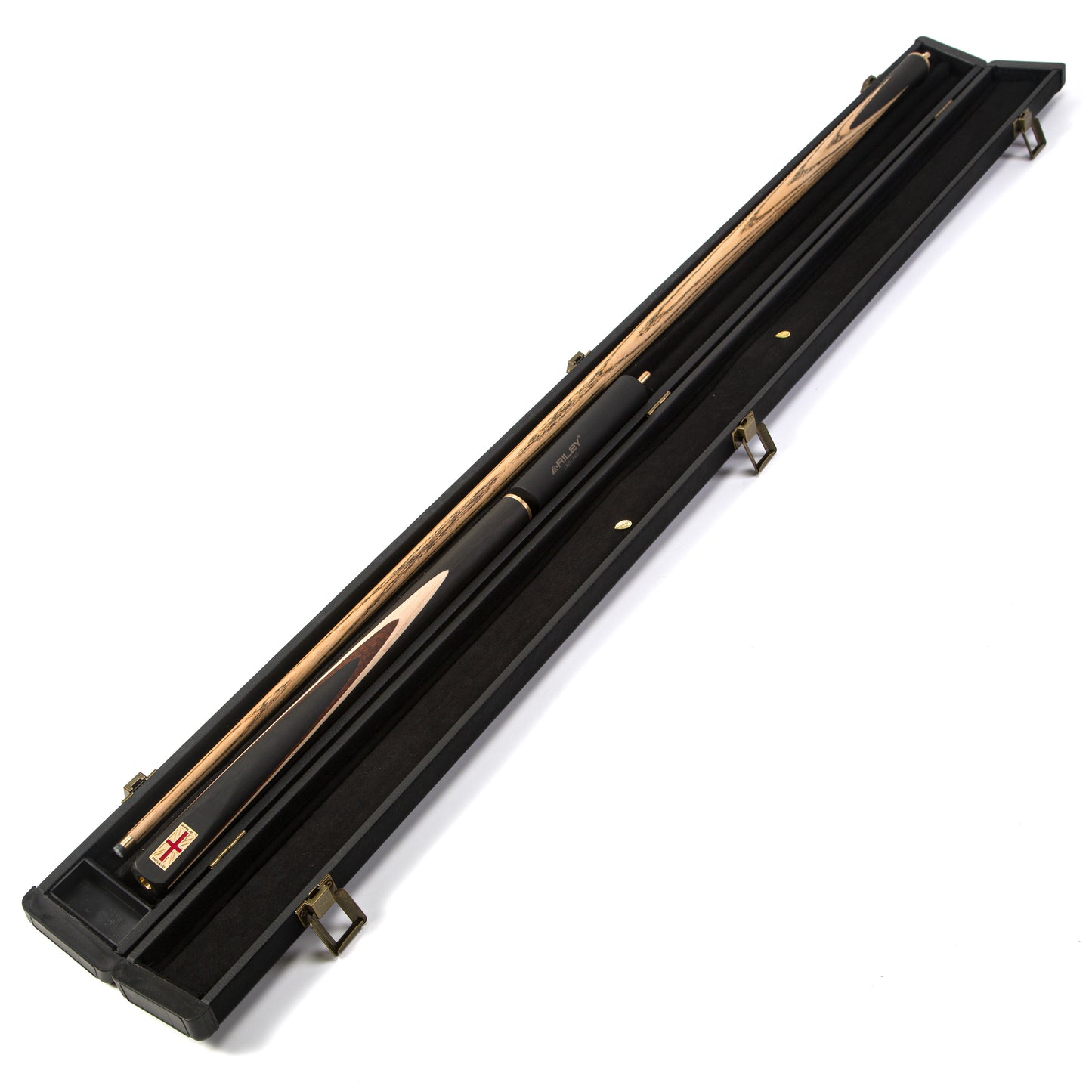 Riley England 3 Piece English Pool Cue 3/4 Cut - 9mm Tip - 145cm - Black/ Snake Wood/ Ash - with Deluxe Hard Case