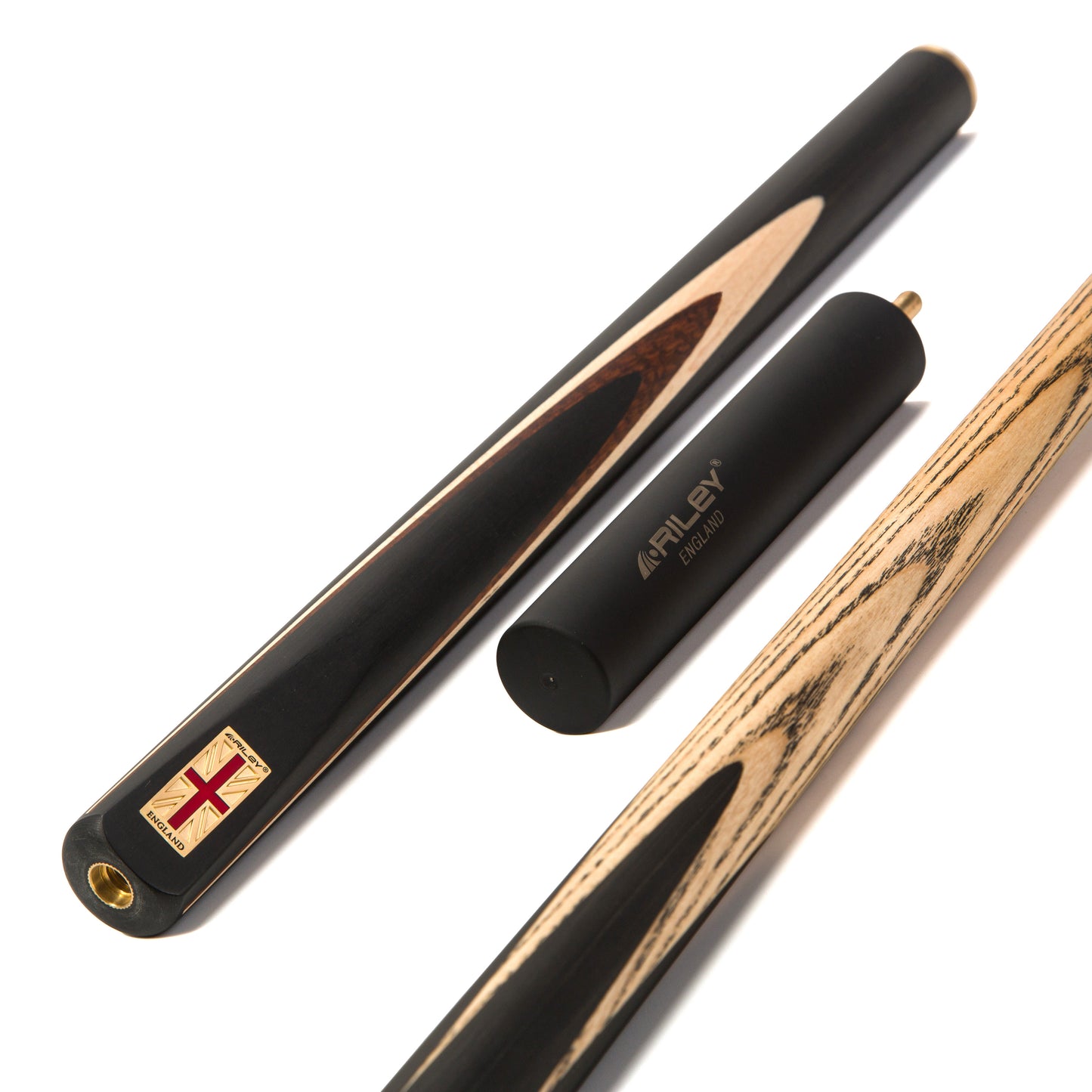 Riley England 3 Piece English Pool Cue 3/4 Cut - 9mm Tip - 145cm - Black/ Snake Wood/ Ash - with Deluxe Hard Case