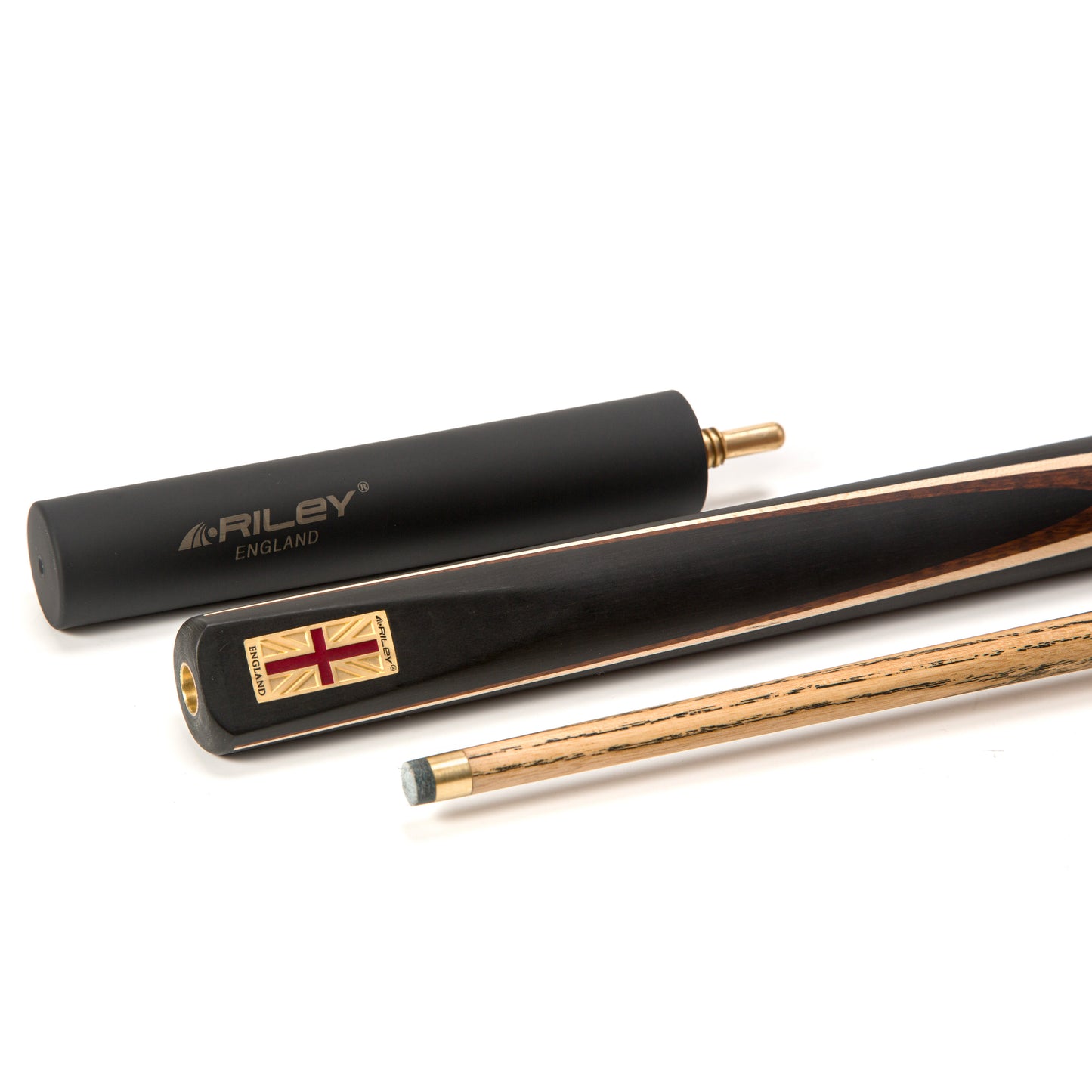 Riley England 3 Piece English Pool Cue 3/4 Cut - 9mm Tip - 145cm - Black/ Snake Wood/ Ash - with Deluxe Hard Case