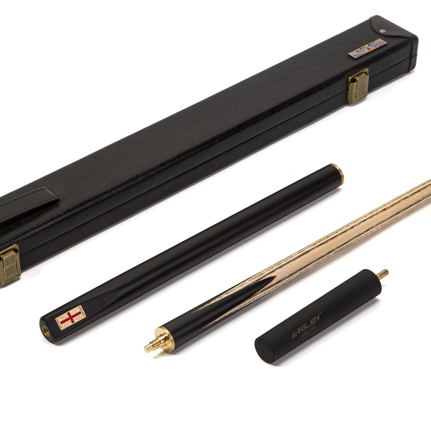 Riley England 3 Piece English Pool Cue 3/4 Cut - 9mm Tip - 145cm - Black/Ash - with Deluxe Hard Case