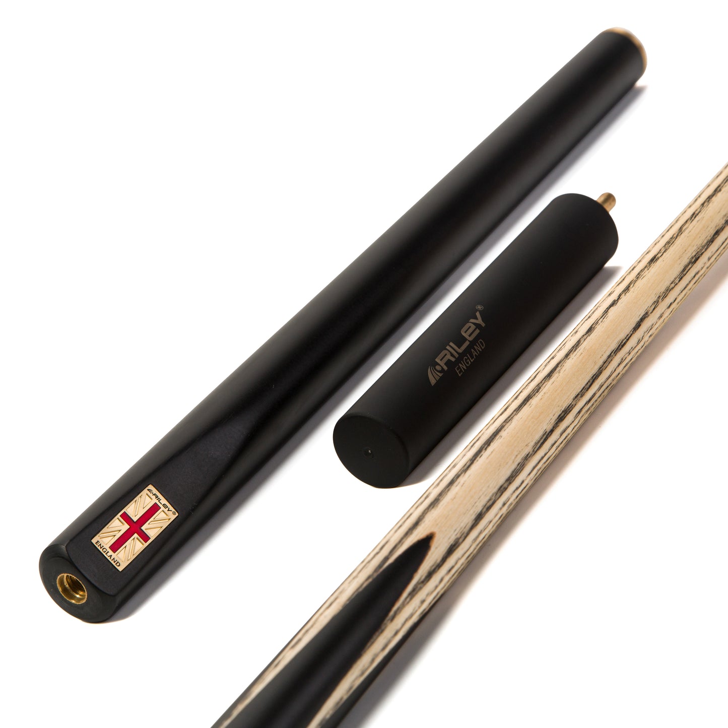 Riley England 3 Piece English Pool Cue 3/4 Cut - 9mm Tip - 145cm - Black/Ash - with Deluxe Hard Case