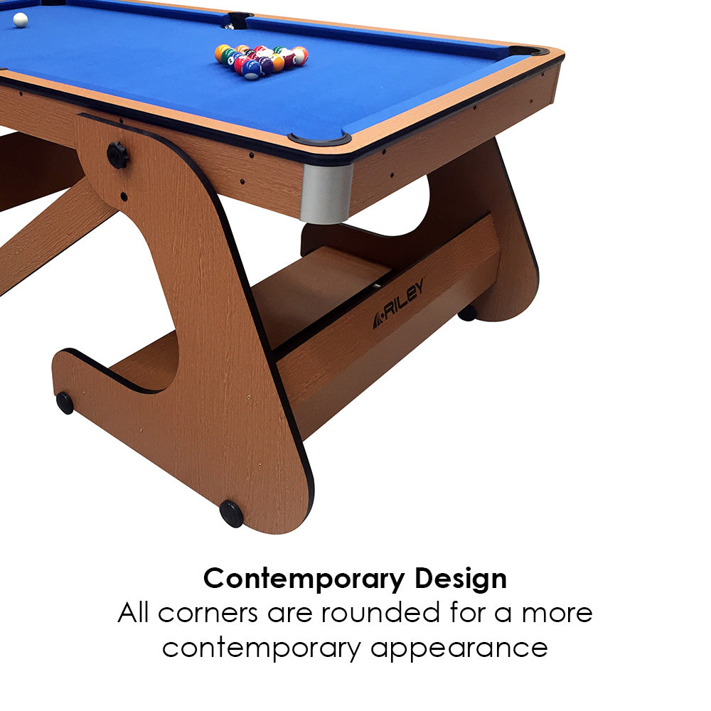 Riley 6ft Folding Pool Table with dartboard - Beech Finish with Blue Cloth - Folds Vertically - Free Table Tennis Top