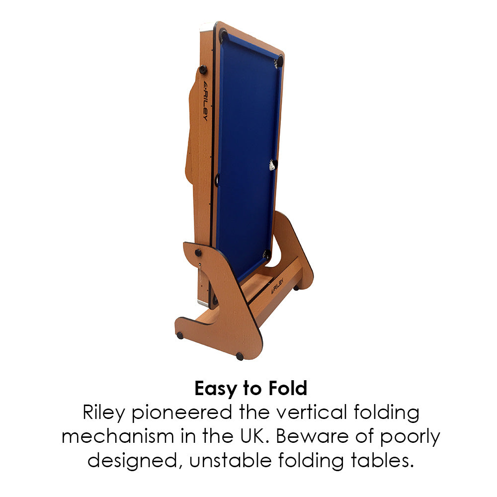 Riley 6ft Folding Pool Table with dartboard - Beech Finish with Blue Cloth - Folds Vertically - Free Table Tennis Top