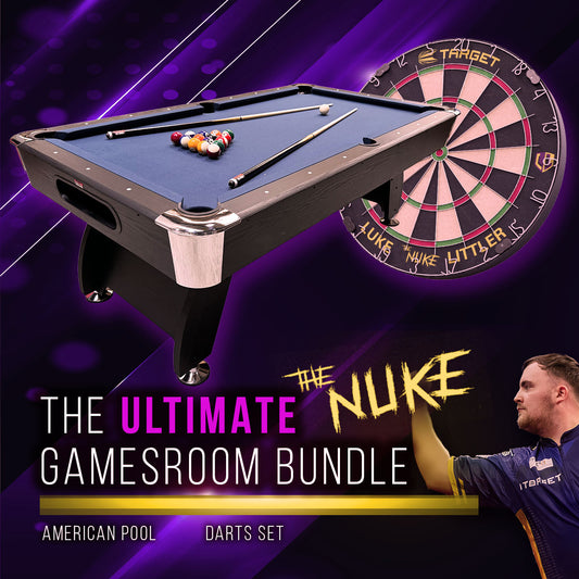 BCE 7ft Black Cat American Pool Table - Black/Wood Effect with Blue Cloth - Fixed Leg - Ball Return System