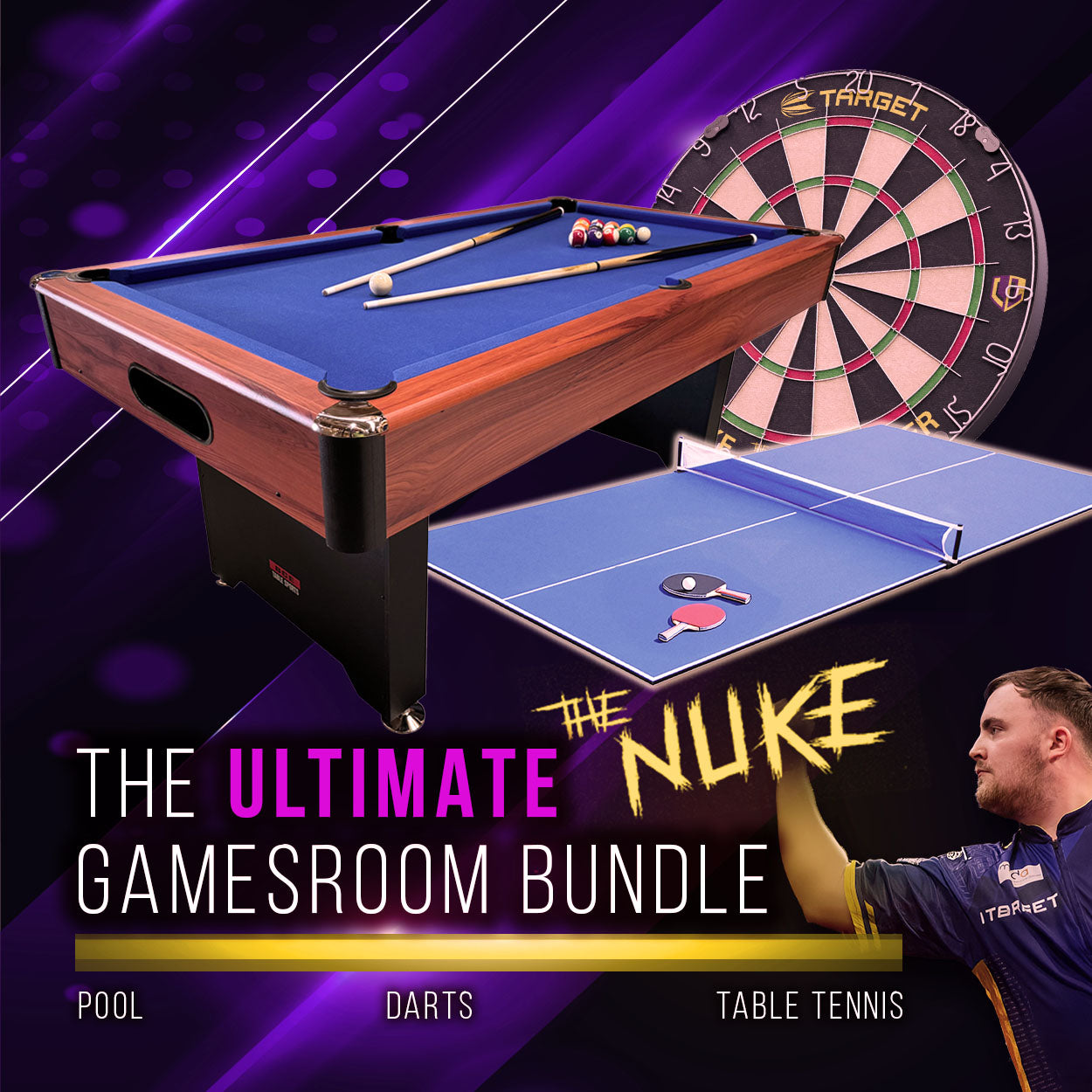 BCE 6ft 2 in 1 American Pool Table Luke Littler Darts Set and Table Tennis Top - Black/Wood Effect with Blue Cloth - Fixed Leg - Ball Return System (Copy)