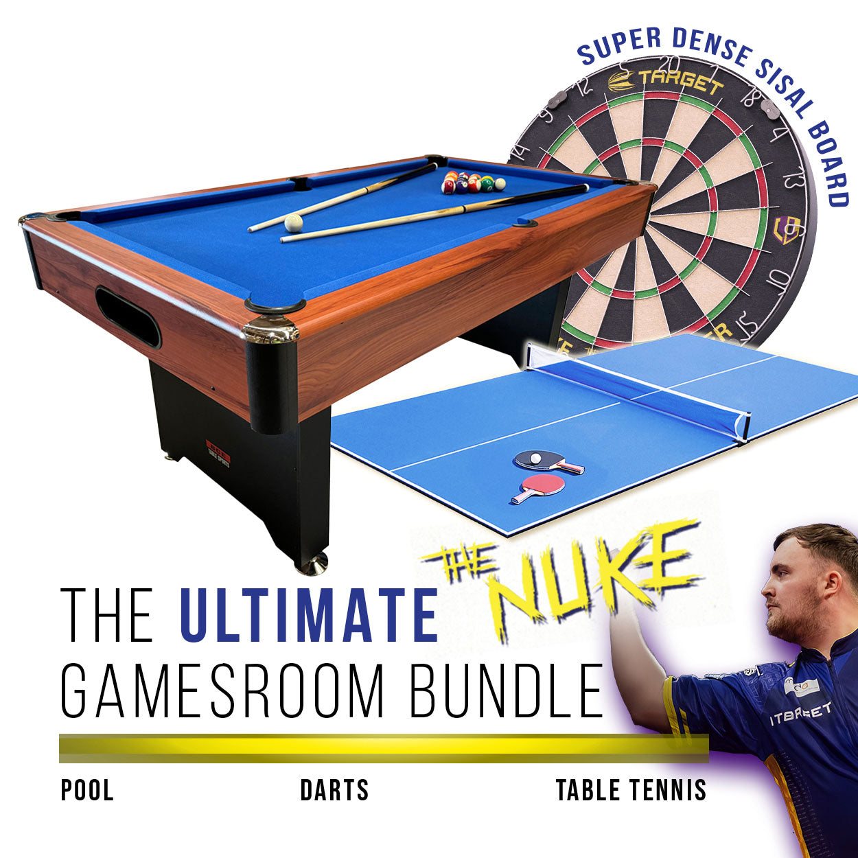 BCE 6ft 2 in 1 American Pool Table Luke Littler Darts Set and Table Tennis Top - Black/Wood Effect with Blue Cloth - Fixed Leg - Ball Return System (Copy)