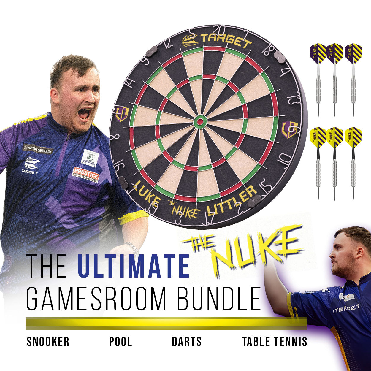 BCE 6ft 2 in 1 American Pool Table Luke Littler Darts Set and Table Tennis Top - Black/Wood Effect with Blue Cloth - Fixed Leg - Ball Return System (Copy)