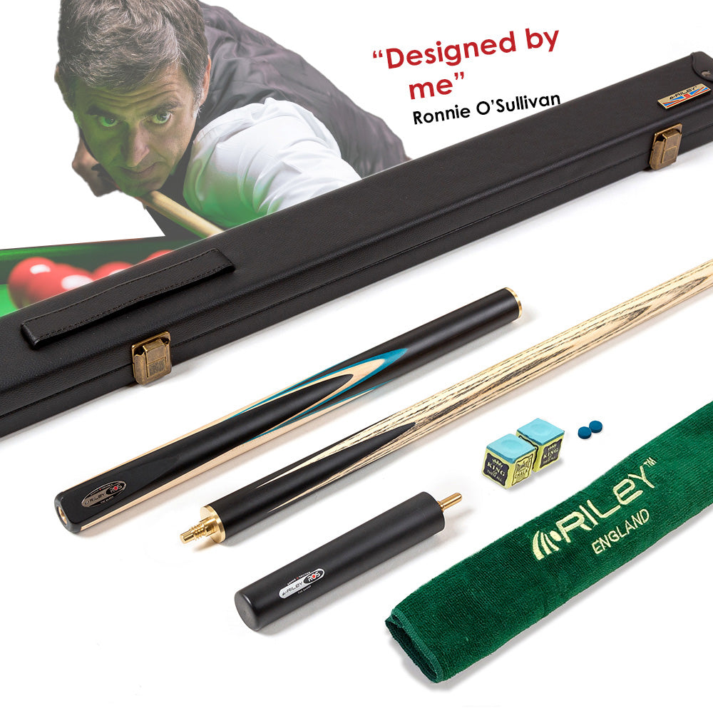 Riley Ronnie O'Sullivan 3 Piece Snooker Cue and Hard Case 3/4 Cut- Layered Ebonised Black Wood Butt - 9.5mm Tip - 145cm - Black/ Green/ Natural Wood