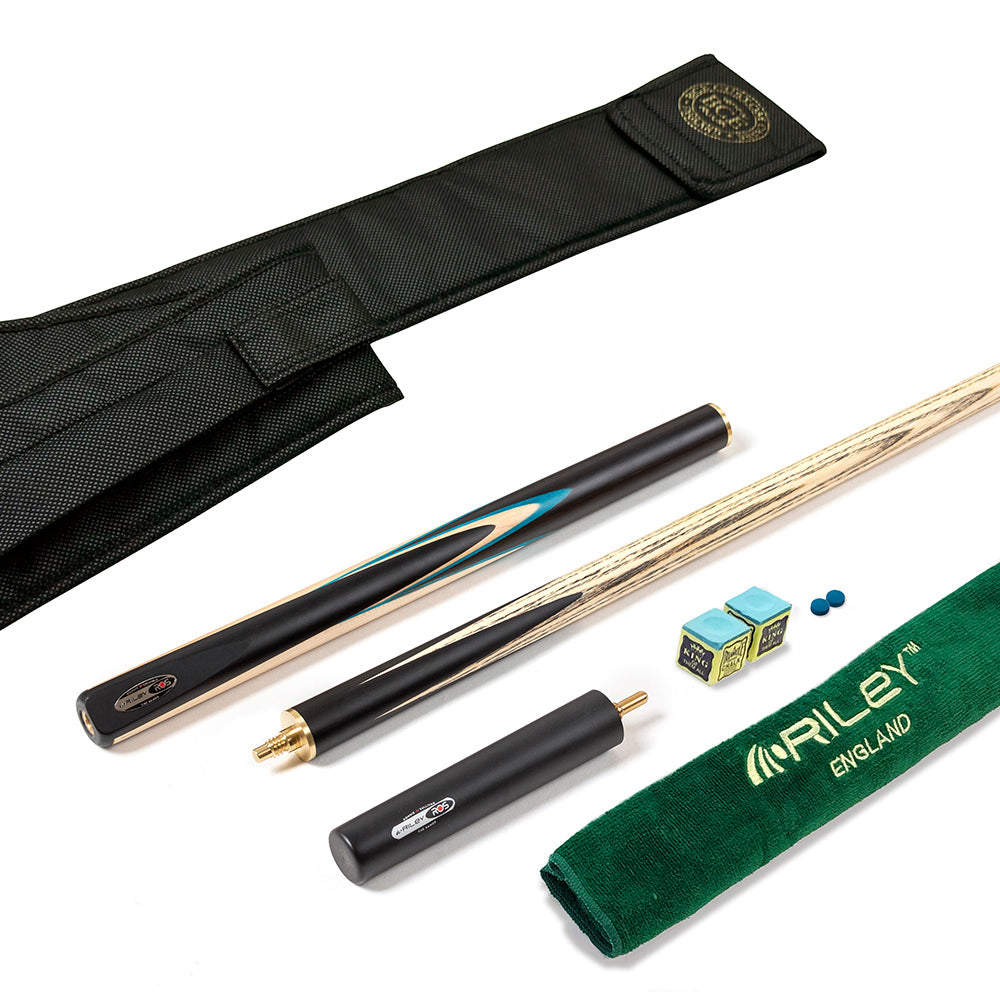Riley Ronnie O'Sullivan 3 Piece Snooker Cue and Hard Case 3/4 Cut- Layered Ebonised Black Wood Butt - 9.5mm Tip - 145cm - Black/ Green/ Natural Wood