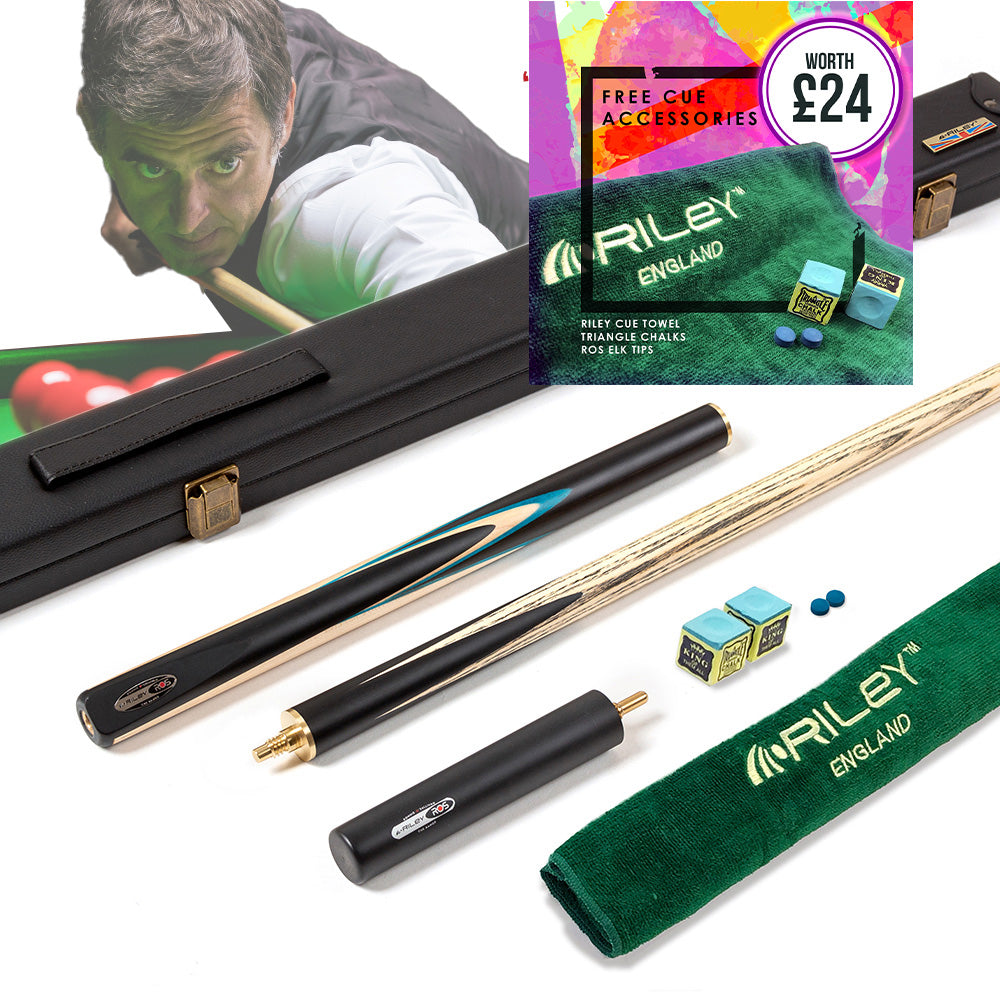 Riley Ronnie O'Sullivan 3 Piece Snooker Cue and Hard Case 3/4 Cut- Layered Ebonised Black Wood Butt - 9.5mm Tip - 145cm - Black/ Green/ Natural Wood