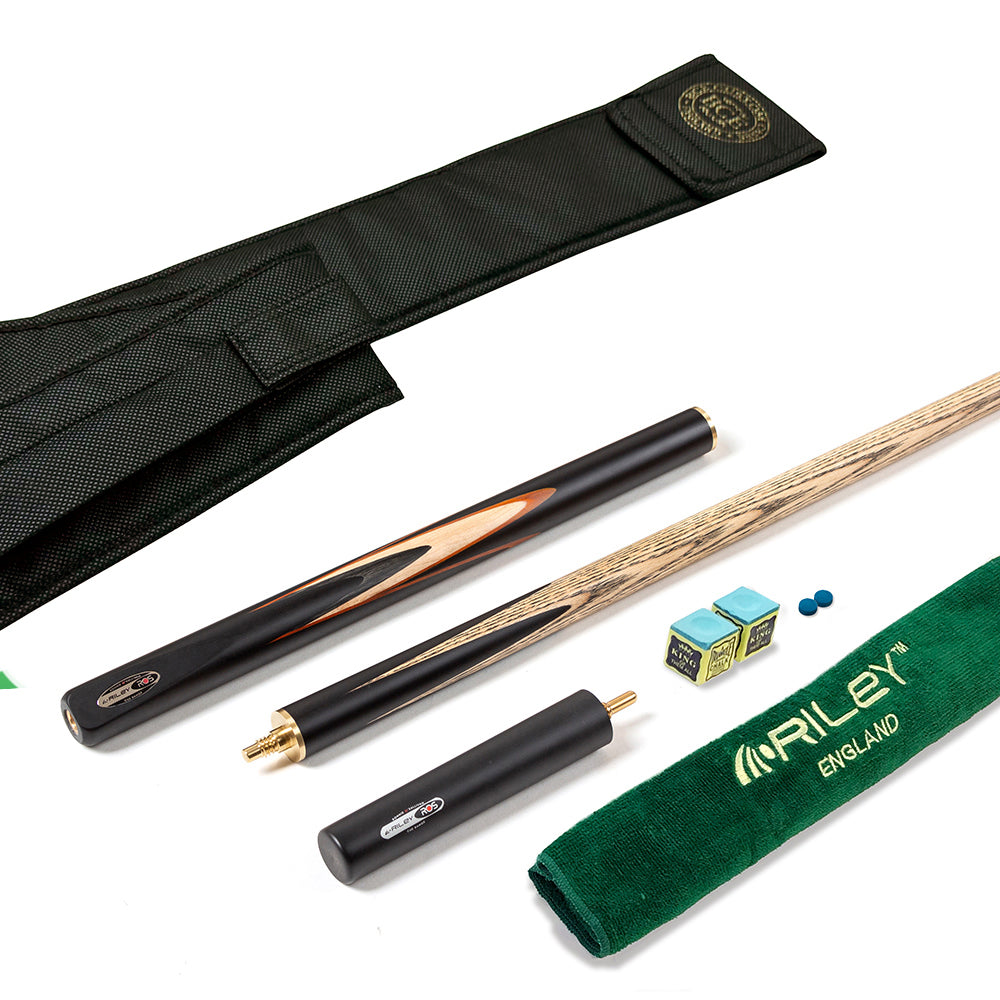 Riley Ronnie O'Sullivan 3 Piece Snooker Cue and Hard Case 3/4 Cut- Layered Ebonised Black Wood Butt - 9.5mm Tip - 145cm - Black/ Tan/ Grey/ Natural