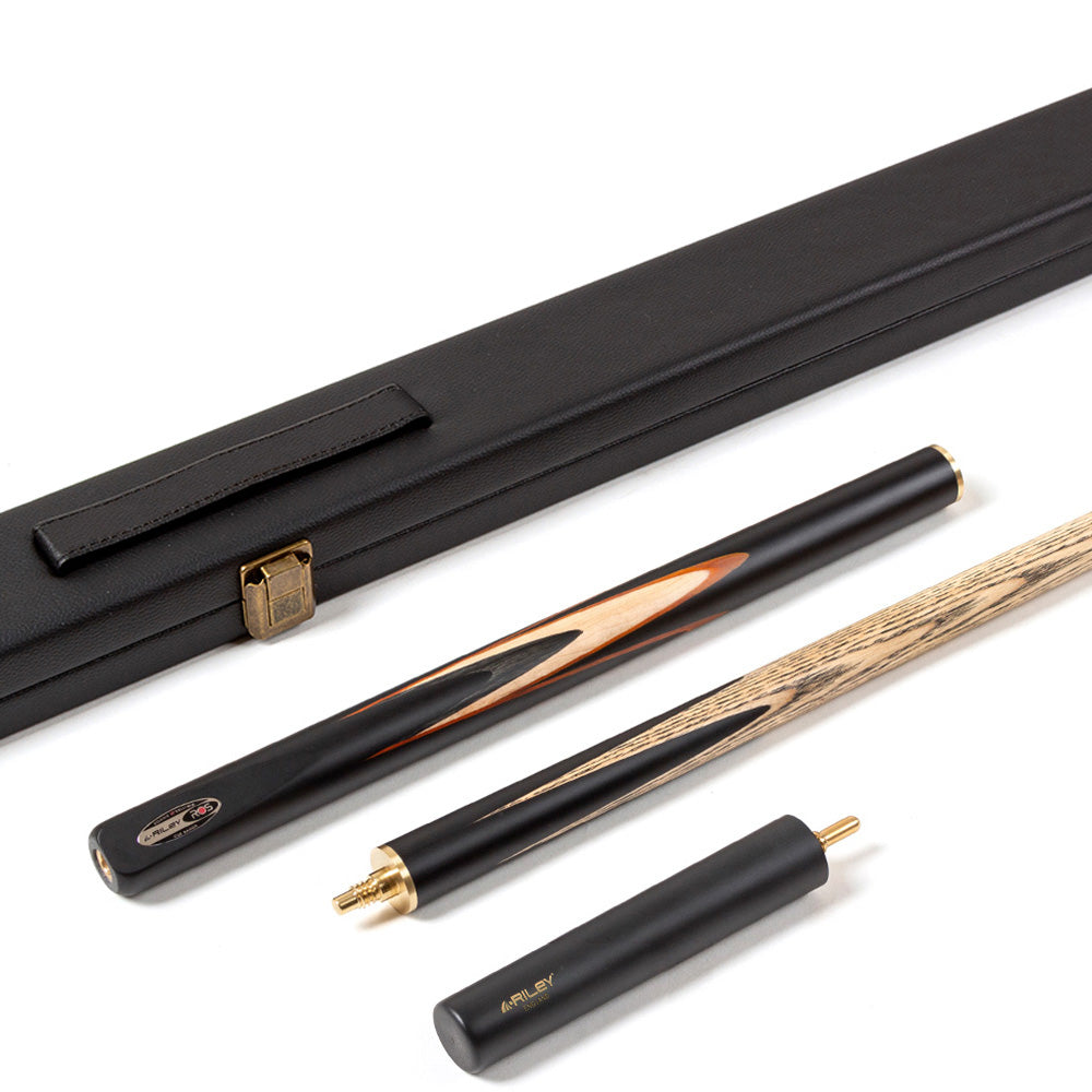Riley Ronnie O'Sullivan 3 Piece Snooker Cue and Hard Case 3/4 Cut- Layered Ebonised Black Wood Butt - 9.5mm Tip - 145cm - Black/ Tan/ Grey/ Natural
