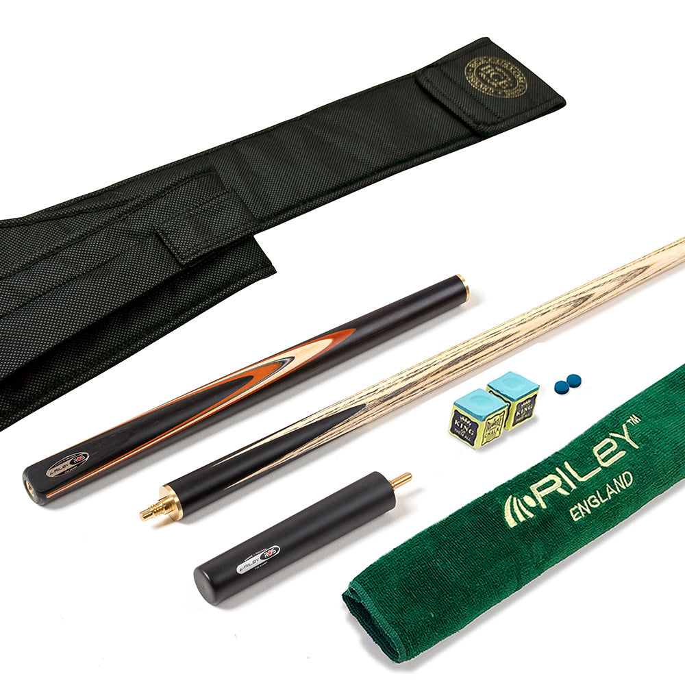 Riley Ronnie O'Sullivan 3 Piece Snooker Cue and Hard Case 3/4 Cut- Layered Ebonised Black Wood Butt - 9.5mm Tip - 145cm - Black/ Tan/ Natural Wood