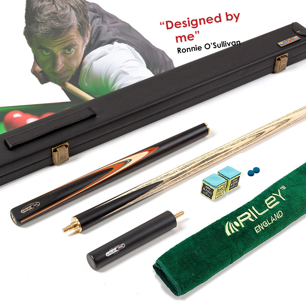 Riley Ronnie O'Sullivan 3 Piece Snooker Cue and Hard Case 3/4 Cut- Layered Ebonised Black Wood Butt - 9.5mm Tip - 145cm - Black/ Tan/ Natural Wood