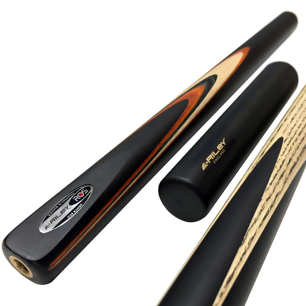Riley Ronnie O'Sullivan 3 Piece Snooker Cue and Hard Case 3/4 Cut- Layered Ebonised Black Wood Butt - 9.5mm Tip - 145cm - Black/ Tan/ Natural Wood