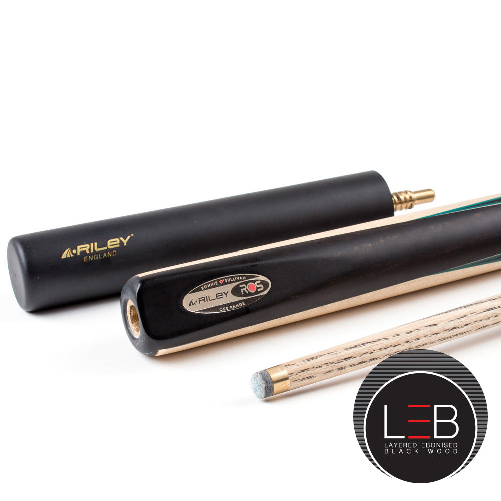 Riley Ronnie O'Sullivan 3 Piece Snooker Cue and Hard Case 3/4 Cut- Layered Ebonised Black Wood Butt - 9.5mm Tip - 145cm - Black/ Green/ Natural Wood