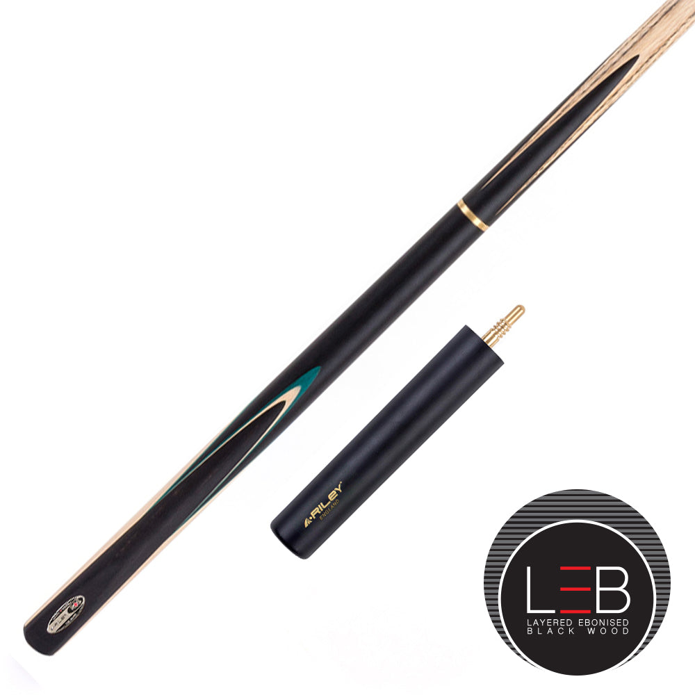 Riley Ronnie O'Sullivan 3 Piece Snooker Cue and Hard Case 3/4 Cut- Layered Ebonised Black Wood Butt - 9.5mm Tip - 145cm - Black/ Green/ Natural Wood