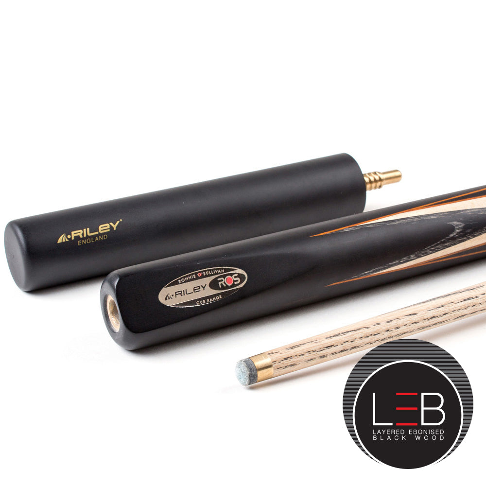 Riley Ronnie O'Sullivan 3 Piece Snooker Cue and Hard Case 3/4 Cut- Layered Ebonised Black Wood Butt - 9.5mm Tip - 145cm - Black/ Tan/ Grey/ Natural