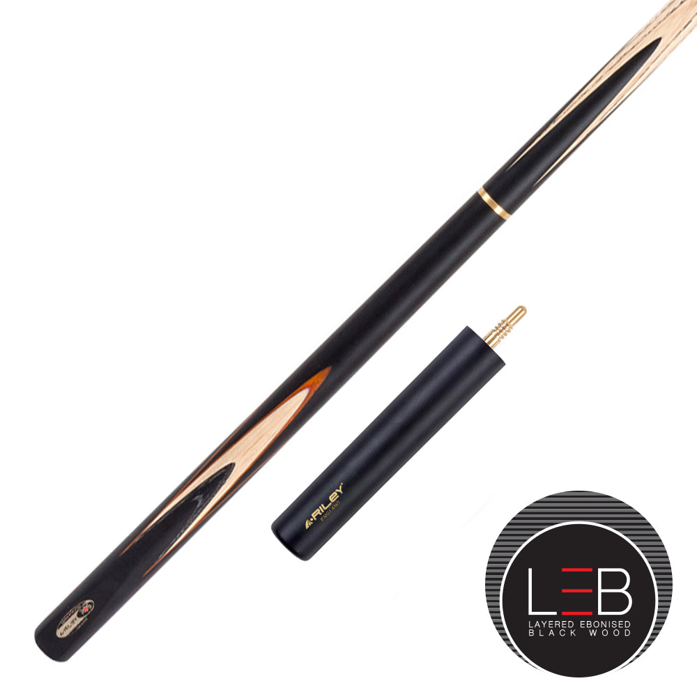 Riley Ronnie O'Sullivan 3 Piece Snooker Cue and Hard Case 3/4 Cut- Layered Ebonised Black Wood Butt - 9.5mm Tip - 145cm - Black/ Tan/ Grey/ Natural