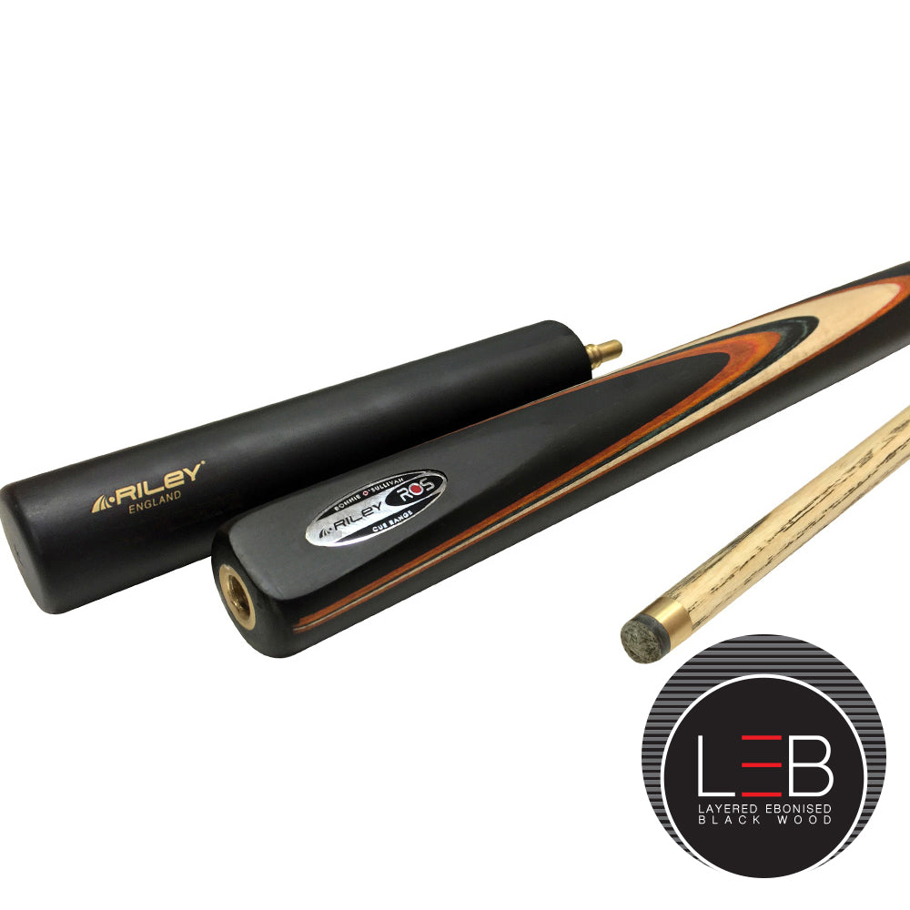 Riley Ronnie O'Sullivan 3 Piece Snooker Cue and Hard Case 3/4 Cut- Layered Ebonised Black Wood Butt - 9.5mm Tip - 145cm - Black/ Tan/ Natural Wood