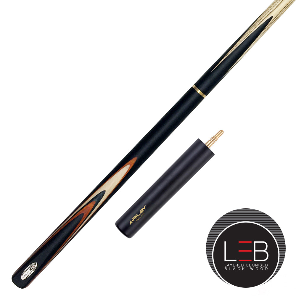 Riley Ronnie O'Sullivan 3 Piece Snooker Cue and Hard Case 3/4 Cut- Layered Ebonised Black Wood Butt - 9.5mm Tip - 145cm - Black/ Tan/ Natural Wood