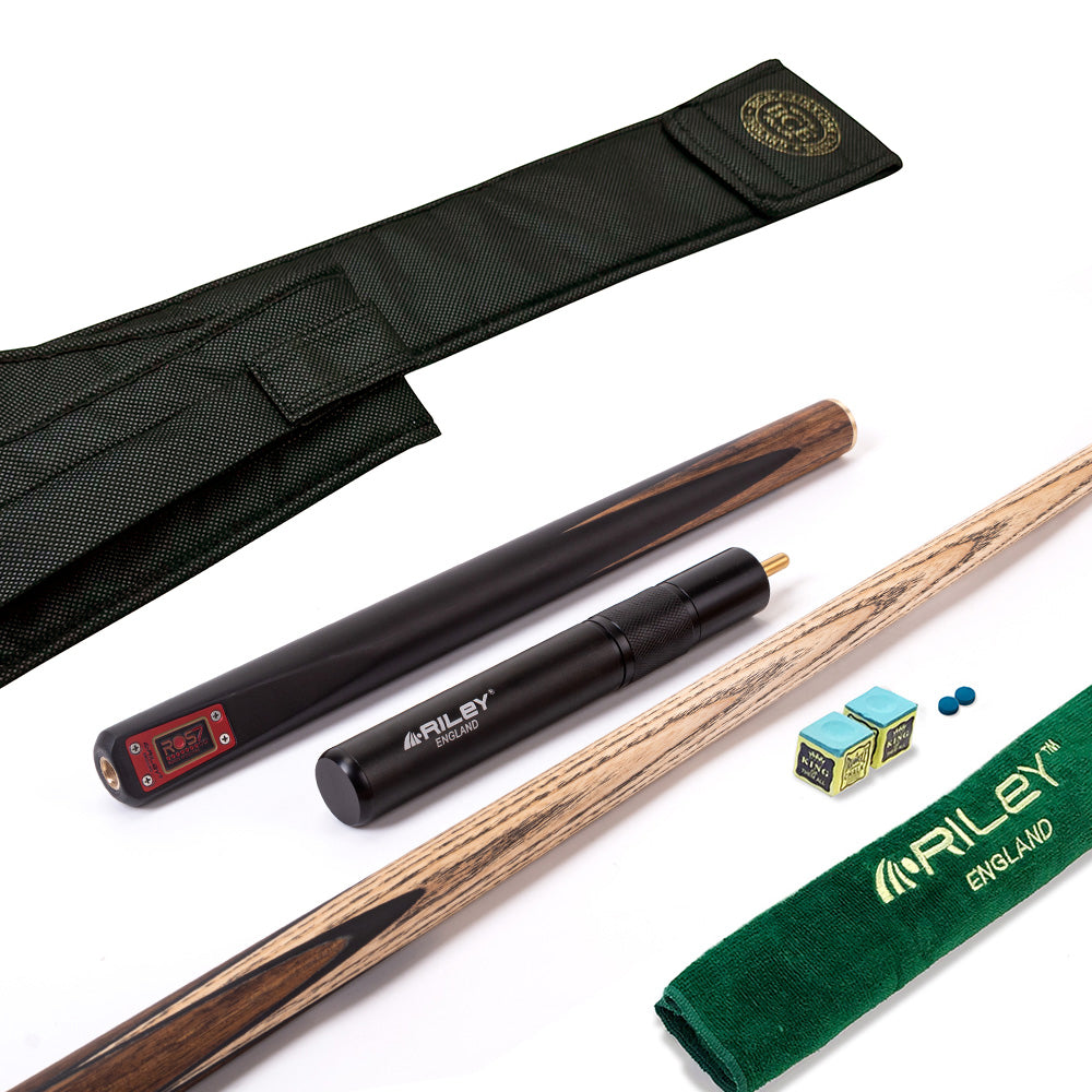 Riley ROS7 - Ronnie O'Sullivan 3 Piece Snooker Cue and Hard Case 3/4 Cut- Layered Ebonised Black Wood Butt - 9.5mm Tip - 145cm - Black/ Natural Birds Eye Maple Wood