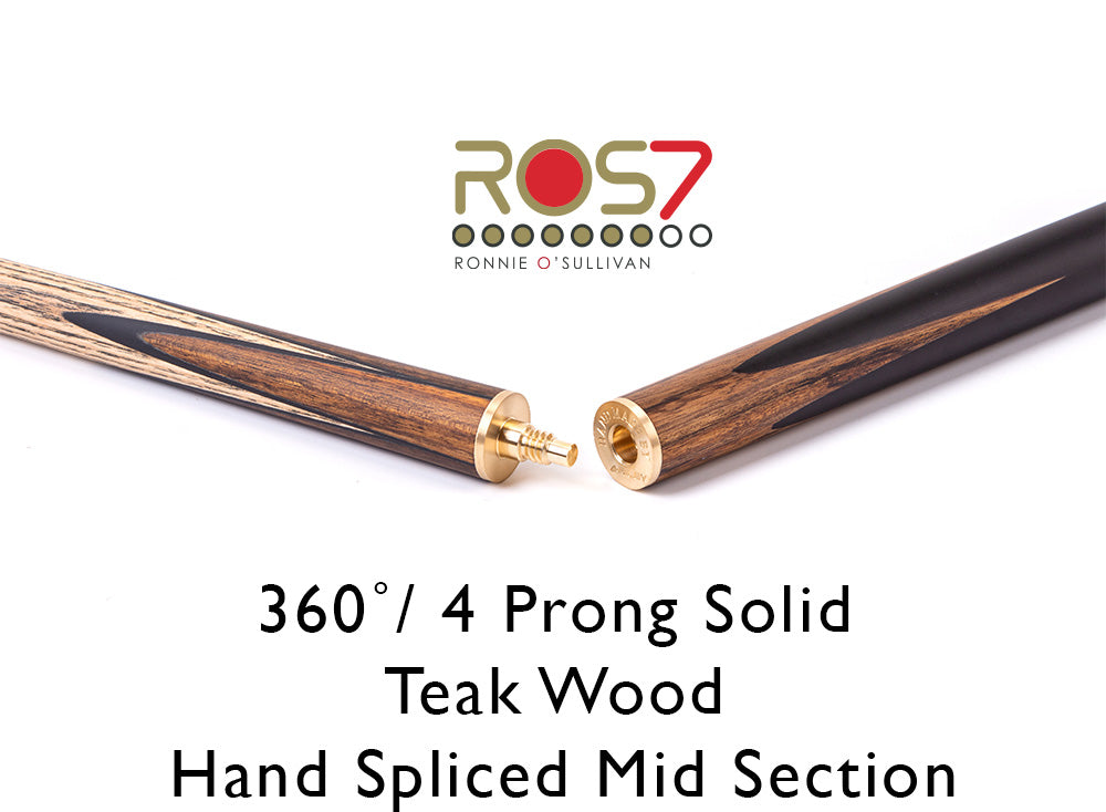 Riley ROS7 - Ronnie O'Sullivan 3 Piece Snooker Cue - 3/4 Cut - Layered Ebonised Black Wood Butt - 9.5mm Tip - 145cm - Black/ Natural Teak Wood