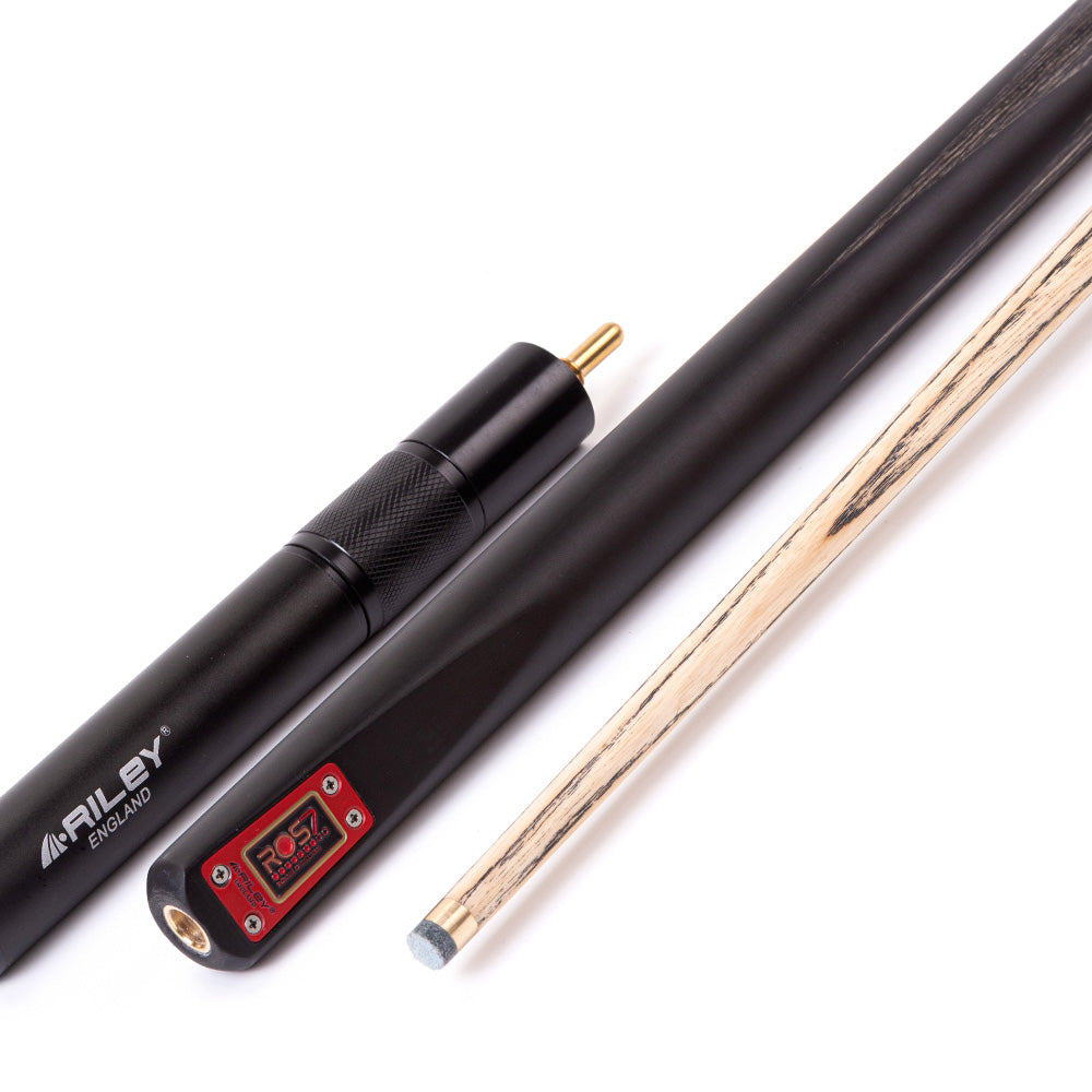 Riley ROS7 - Ronnie O'Sullivan 3 Piece Snooker Cue and Hard Case 3/4 Cut- Layered Ebonised Black Wood Butt - 9.5mm Tip - 145cm - Black/ Grey/ Natural