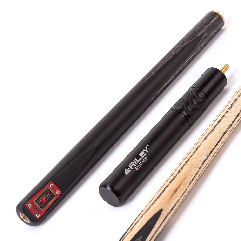 Riley ROS7 - Ronnie O'Sullivan 3 Piece Snooker Cue and Hard Case 3/4 Cut- Layered Ebonised Black Wood Butt - 9.5mm Tip - 145cm - Black/ Grey/ Natural