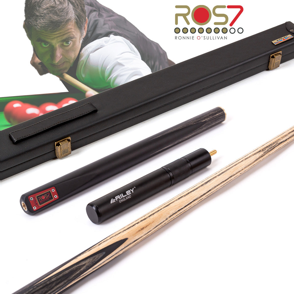 Riley ROS7 - Ronnie O'Sullivan 3 Piece Snooker Cue and Hard Case 3/4 Cut- Layered Ebonised Black Wood Butt - 9.5mm Tip - 145cm - Black/ Grey/ Natural