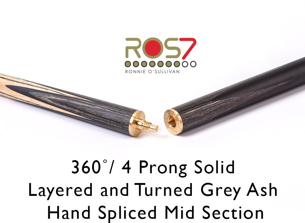 Riley ROS7 - Ronnie O'Sullivan 3 Piece Snooker Cue and Hard Case 3/4 Cut- Layered Ebonised Black Wood Butt - 9.5mm Tip - 145cm - Black/ Grey/ Natural