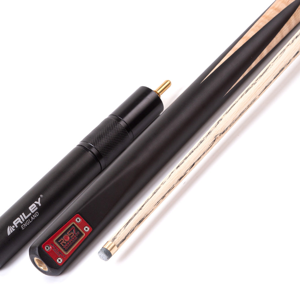 Riley ROS7 - Ronnie O'Sullivan 3 Piece Snooker Cue and Hard Case 3/4 Cut- Layered Ebonised Black Wood Butt - 9.5mm Tip - 145cm - Black/ Natural Birds Eye Maple Wood
