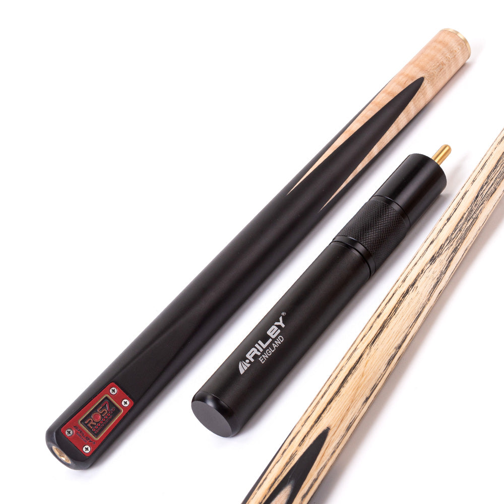 Riley ROS7 - Ronnie O'Sullivan 3 Piece Snooker Cue and Hard Case 3/4 Cut- Layered Ebonised Black Wood Butt - 9.5mm Tip - 145cm - Black/ Natural Birds Eye Maple Wood