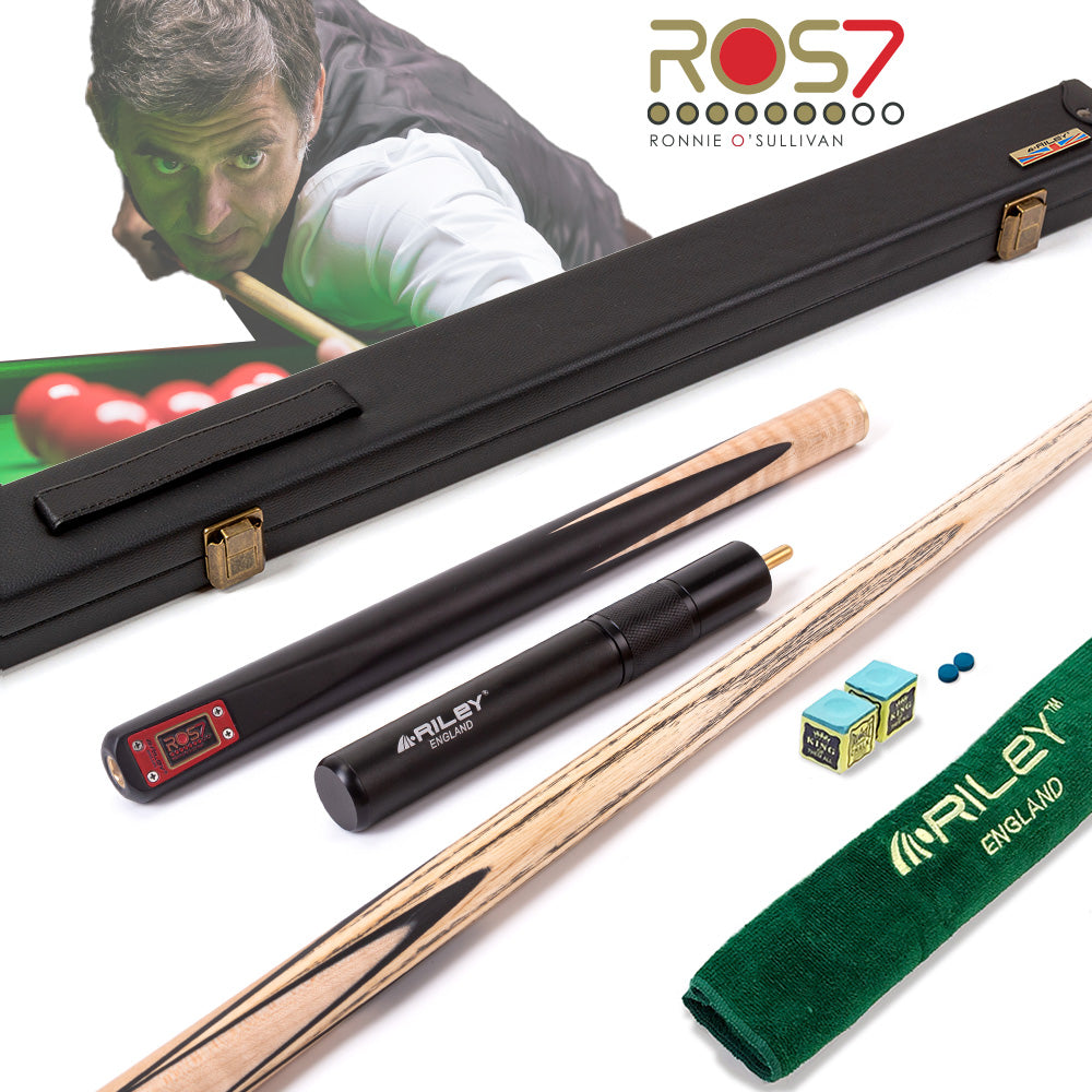 Riley ROS7 - Ronnie O'Sullivan 3 Piece Snooker Cue and Hard Case 3/4 Cut- Layered Ebonised Black Wood Butt - 9.5mm Tip - 145cm - Black/ Natural Birds Eye Maple Wood