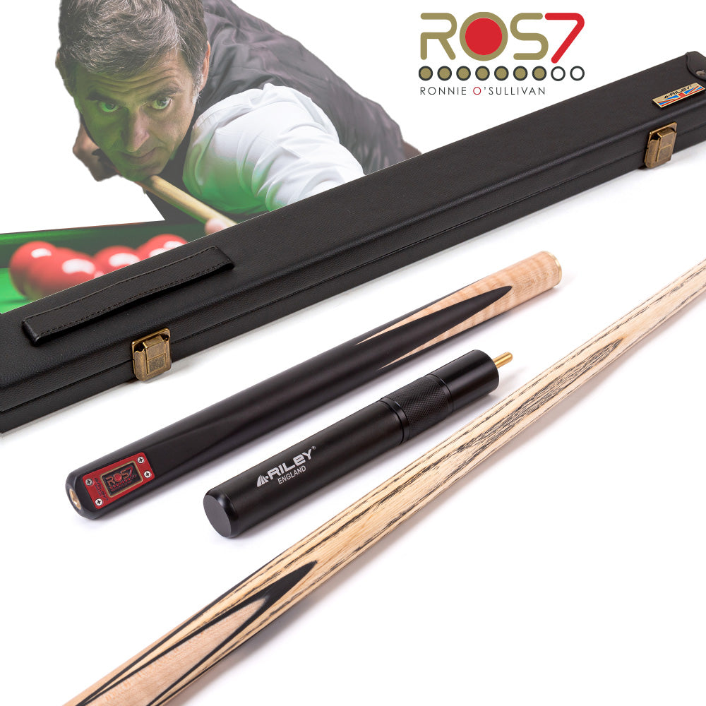 Riley ROS7 - Ronnie O'Sullivan 3 Piece Snooker Cue and Hard Case 3/4 Cut- Layered Ebonised Black Wood Butt - 9.5mm Tip - 145cm - Black/ Natural Birds Eye Maple Wood