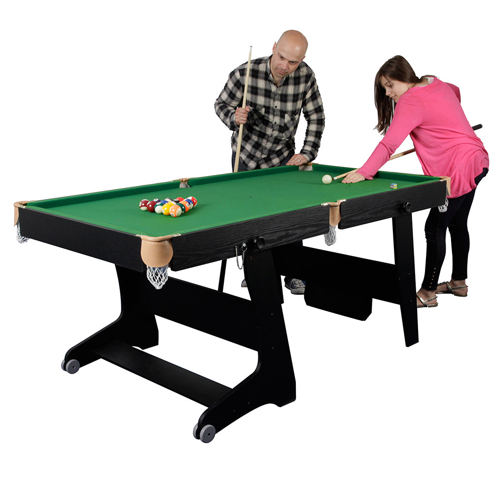 Riley 6ft 3 in 1 Folding Snooker Table - Snooker, Pool and Dartboard - Black/Wood Effect with Green Cloth - Folds Vertically