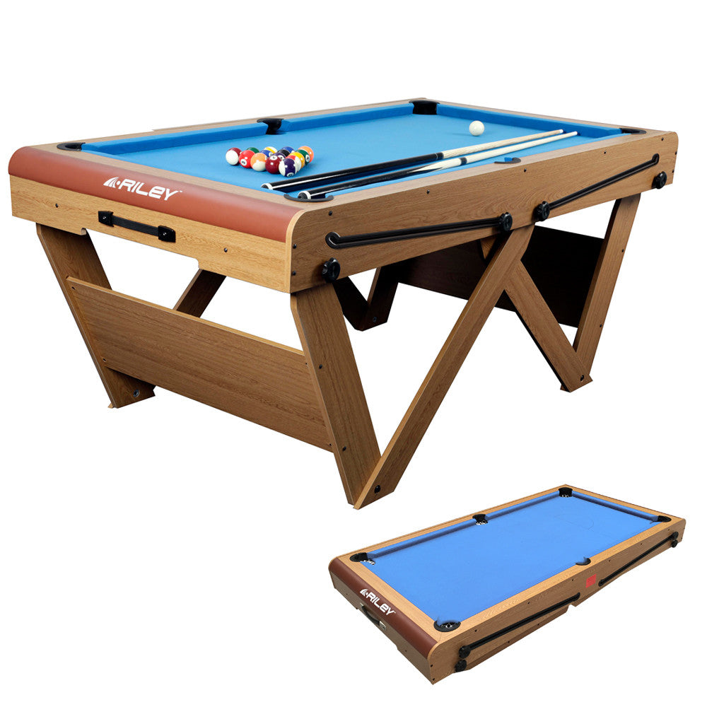 Riley 6ft Folding Snooker and Pool Table - Oak Finish with Blue Cloth - Luke Littler Dartboard Set - Table Tennis Top - Folds Flat
