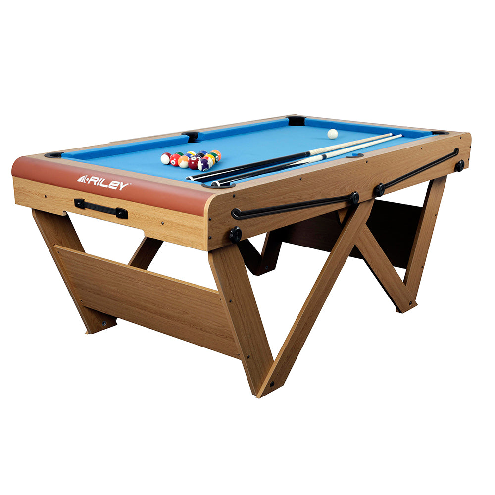 Riley 6ft Folding Snooker and Pool Table - Oak Finish with Blue Cloth - Luke Littler Dartboard Set - Table Tennis Top - Folds Flat