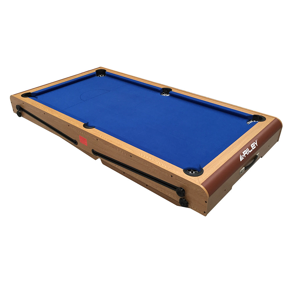 Riley 6ft Folding Snooker and Pool Table - Oak Finish with Blue Cloth - Luke Littler Dartboard Set - Table Tennis Top - Folds Flat