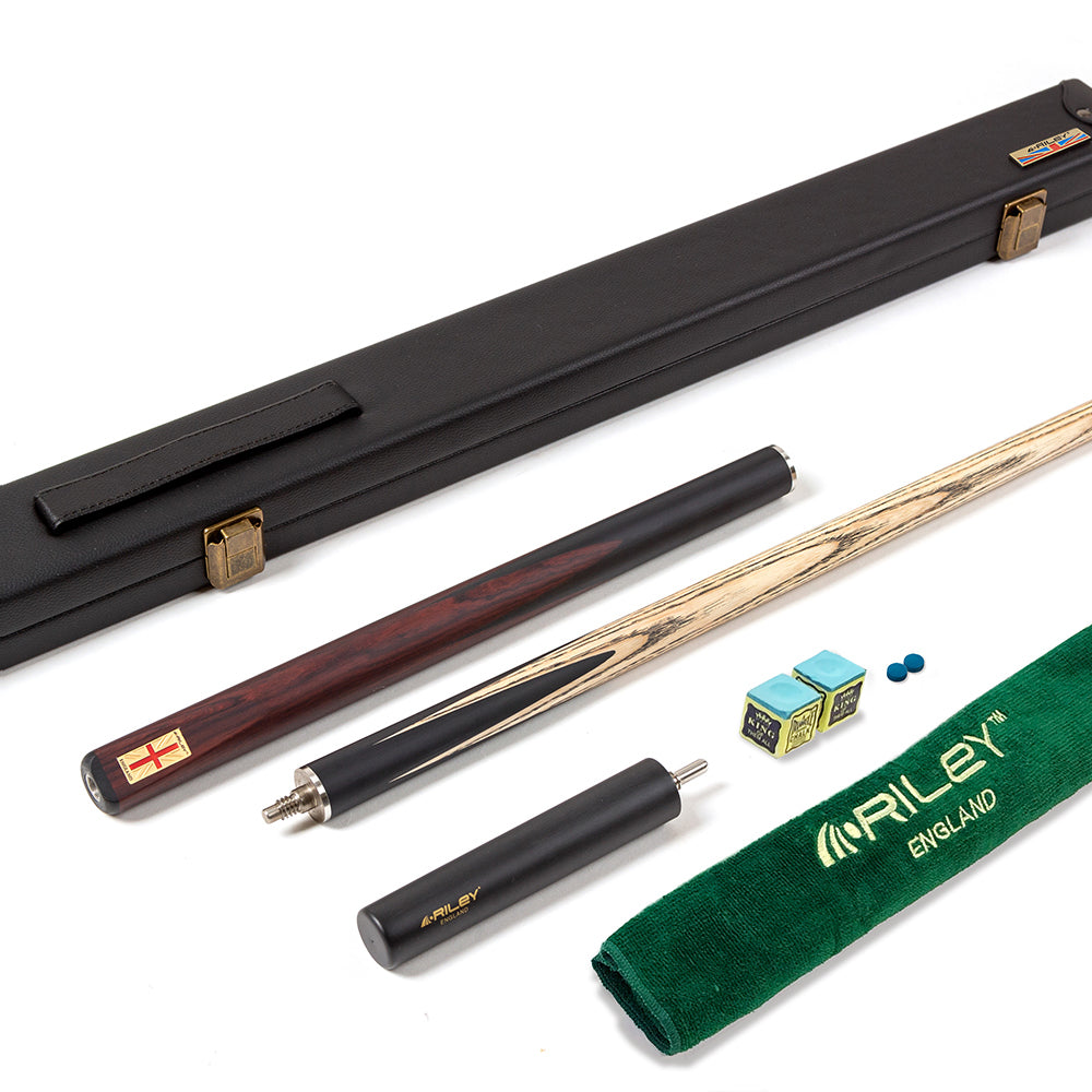 Riley England 3 Piece Snooker Cue and Hard Case 3/4 Cut- Layered Ebonised Black Wood Butt with 9.5mm Tip - 145cm - Black/ Dark Brown