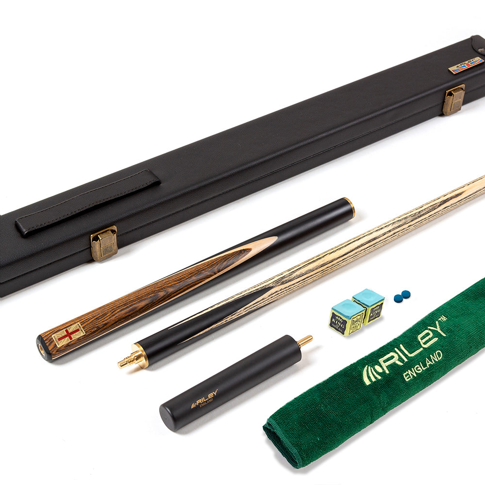 Riley England 3 Piece Snooker Cue - 3/4 Cut Cue - Layered Ebonised Black Wood Butt - 9.5mm Tip - 145cm - Black/ Dark Wood