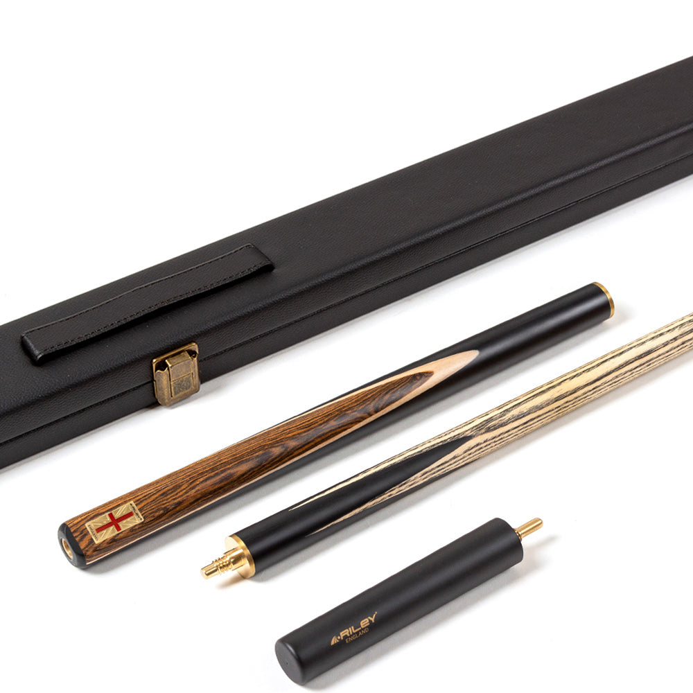 Riley England 3 Piece Snooker Cue - 3/4 Cut Cue - Layered Ebonised Black Wood Butt - 9.5mm Tip - 145cm - Black/ Dark Wood